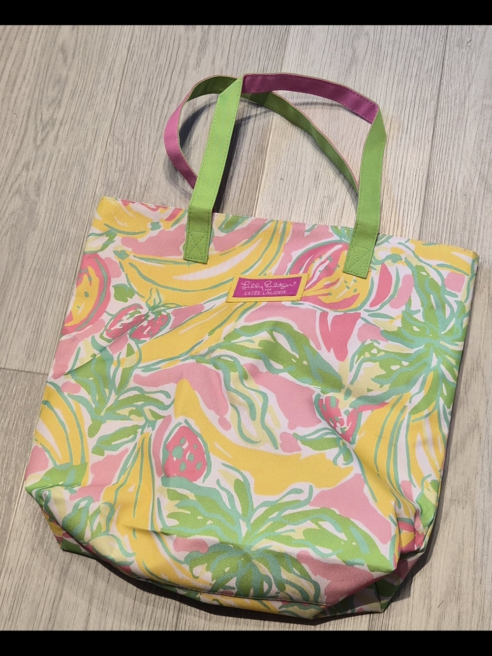 Lilly Pulitzer Pink Yellow Green Tropical Canvas Tote Bag